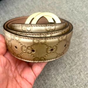 GUCCI Belt GG Gold  GUCCISMA LEATHER Buckle Interlocking
